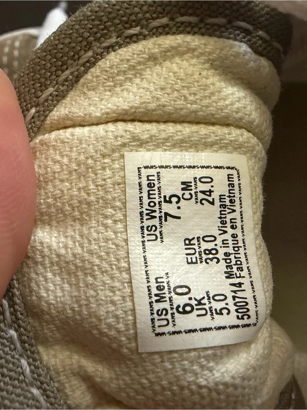 Vans tan and cream sneaker tongue label